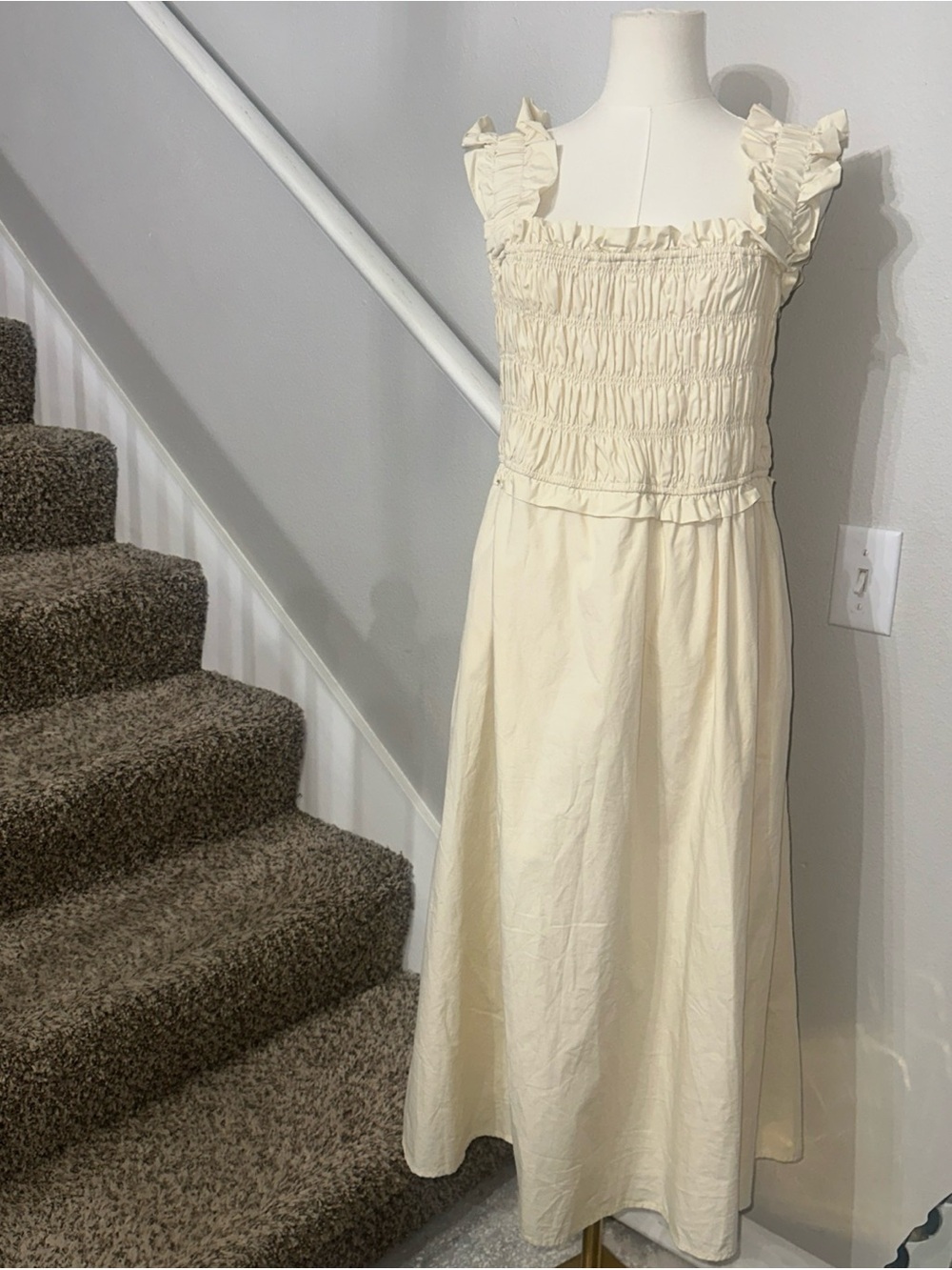English Factory Cream Smocked Maxi Dress with Ruffle Straps Sz M pockets